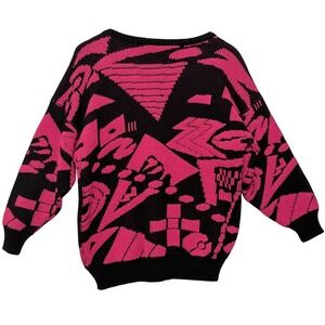 Vintage Lauren Knitwear Corp Pink Black Geometric Abstract 80s Sweater Womens